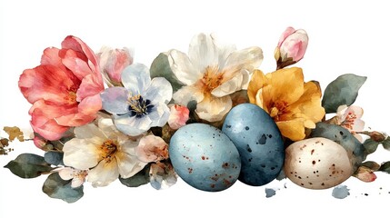 Easter eggs composition with blooming spring flowers and green leaves, waterolor illustration