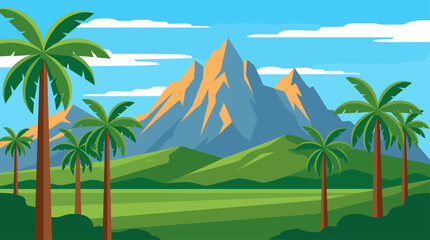 Obraz premium Flat Design Vector Illustration of a Tropical Mountain Landscape with Palm Trees and Green Hills