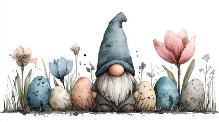 Easter gnome with Easter decorated eggs and spring flowers isolated on white, watercolor illustration