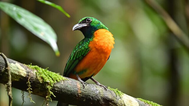 Green Headed Tanager, Perched on Mossy Branch in a Lush Rainforest Environment