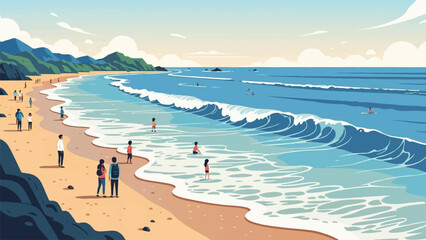 Obraz premium Stylized pixel art depicts a serene beach scene with people enjoying the ocean and shore