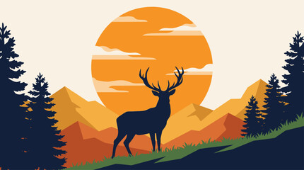 Obraz premium Flat Design Vector Illustration of a Stag in the Wilderness with Mountains and a Large Sun