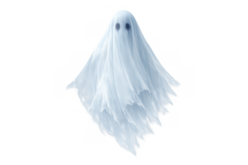 White sheet ghost floating with spooky black eyes on transparent background, symbolizing halloween horror and fear