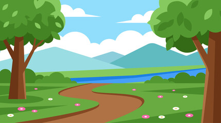 Obraz premium Flat Design Nature Landscape Vector Illustration with Winding Path Mountains and River