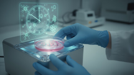 Petri dish with cell culture and futuristic clock hologram symbolize longevity research and technology in laboratory setting