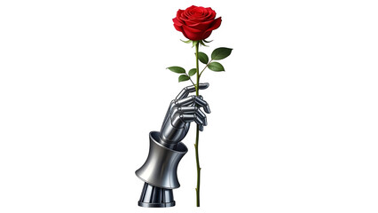 A robotic hand holds a single red rose against a black background
