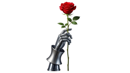 A robotic hand holds a single red rose against a black background