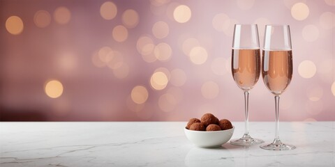 Ros&eacute; sparkling wine with chocolate truffles and a soft bokeh background