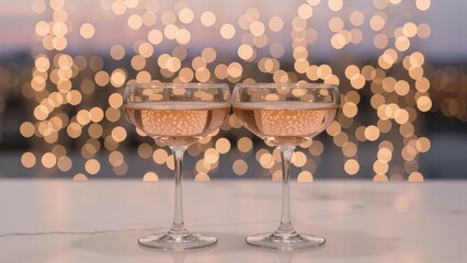 Two champagne coupe glasses with golden bokeh lights in the background