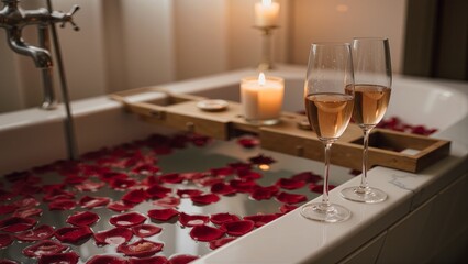 Bathtub with rose petals, champagne, and candlelight in a romantic setup