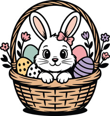 A charming illustration of a white bunny peeking from a woven basket filled with easter eggs