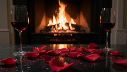 Two red wine glasses and rose petals in front of a warm fireplace