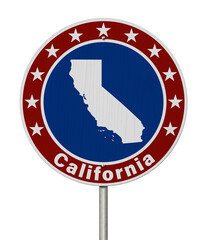 California map with stars on a US red, white and blue road sign