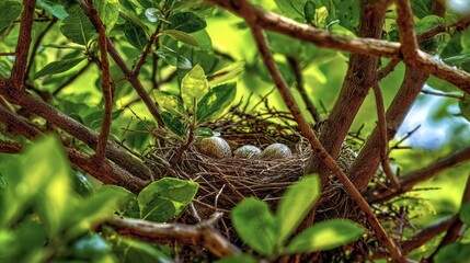 Fototapeta premium A close-up view of a bird's nest nestled within the branches of a lush, leafy tree, holding three speckled eggs