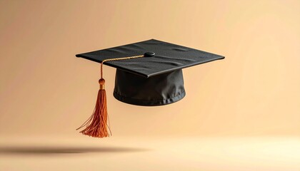 Floating black graduation cap with a vivid orange tassel, symbolizing academic achievement, successful completion of studies, and the bright future ahead, set against a soft, minimalist background