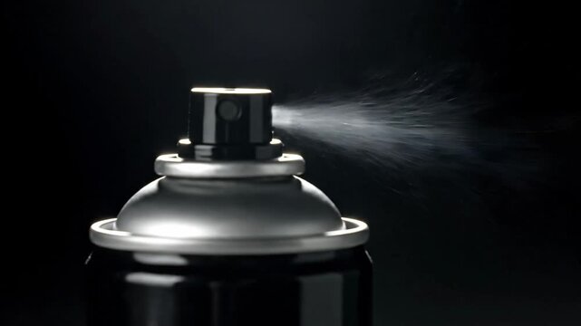 Aerosol spray can in black color, isolated on a neutral background, ready for use.