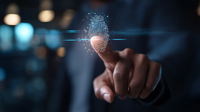 Concept fingerprint information security digital screen biometric authentication cyber protection data privacy technological safety access control defocused background with - Powered by Adobe