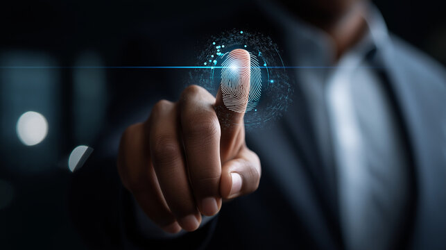 Concept fingerprint information security digital screen biometric authentication cyber protection data privacy technological safety access control defocused background with - Powered by Adobe