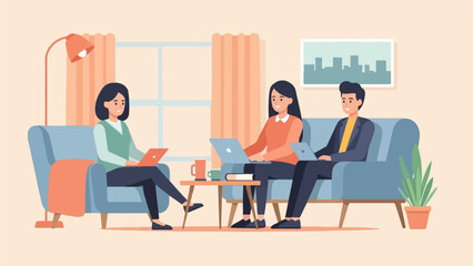 Three people sit on couches working on laptops in a living room