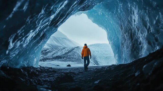 A lone adventurer ventures into the depths of an icy cave, with light filtering through from above.