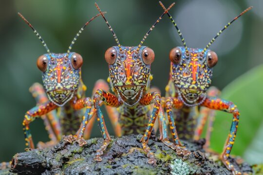 Colorful grasshoppers posed on a dark surface in a tropical forest during daytime