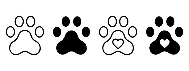 Pet paw icon set. Heart with dog, cat pet footprint. Paw print sign and symbol. © Ajimul
