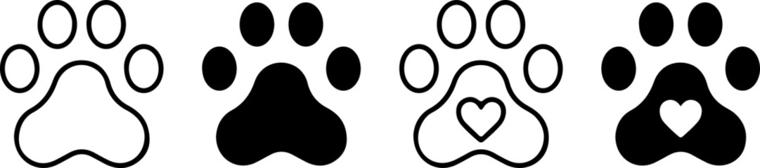 Pet paw icon set. Heart with dog, cat pet footprint. Paw print sign and symbol. Transparent png and vector illustration.