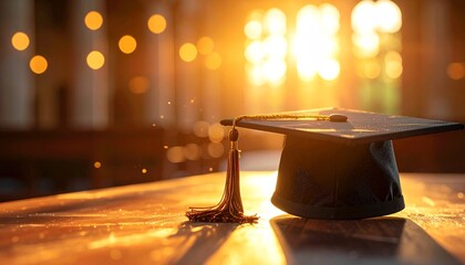Graduation cap on a table with warm golden light, symbolizing academic achievement, success, and a bright future after completing an educational journey