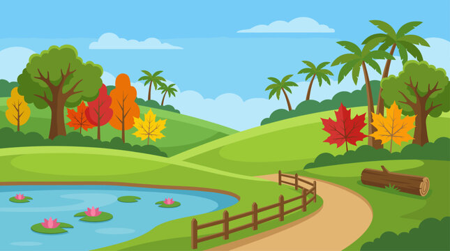 Vibrant Flat Design Vector Illustration of a Peaceful Nature Landscape with Pond