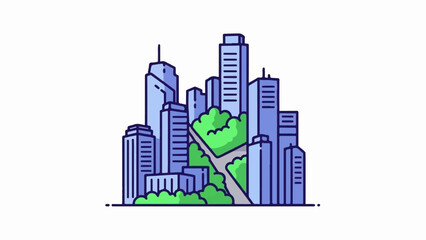 Obraz premium Stylized city skyline with green parkland and modern skyscrapers