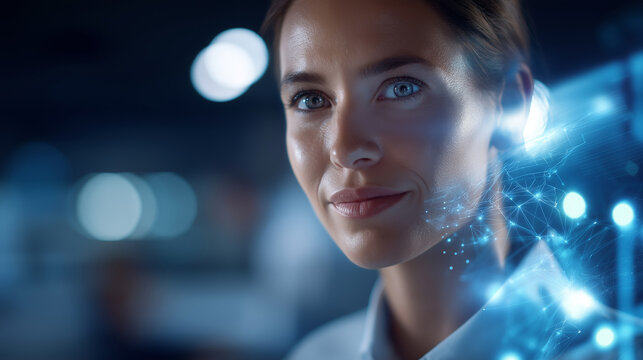 Cyber security scanning woman's face against virtual interface digital data biometric identification facial recognition technological authentication cyber protection - Powered by Adobe