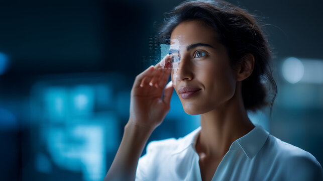 Cyber security scanning woman's face against virtual interface digital data biometric identification facial recognition technological authentication cyber protection - Powered by Adobe