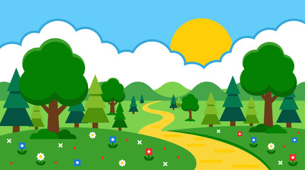 Obraz premium Flat Design Vector Illustration of a Sunny Summer Landscape with a Winding Path and Green Trees