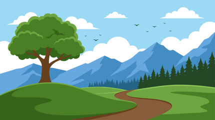 Obraz premium Beautiful Mountain Landscape Vector Illustration with Green Hills and Trees in Flat Design Style