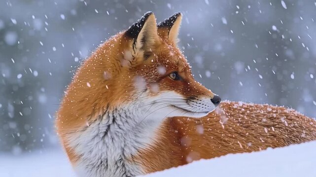 Majestic Red Fox in a Winter Wonderland with Falling Snow.