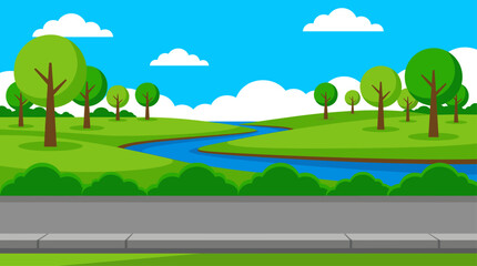 Fototapeta premium Clean Minimalist Vector Illustration of Peaceful Park Nature Landscape with River and Road