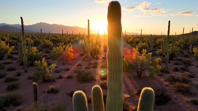 Golden sunset over saguaro cactus desert landscape.
