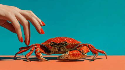 Crabe et main de femme avec vernis rouge