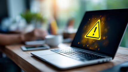 Data scam alert popup laptop screen warning icon online fraud phishing attack identity theft security breach internet scam personal data risk cyber threat defocused