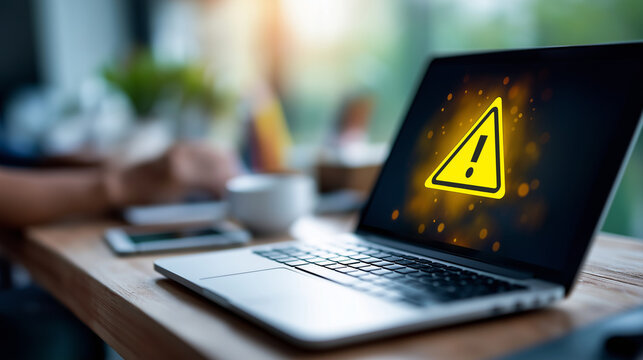 Data scam alert popup laptop screen warning icon online fraud phishing attack identity theft security breach internet scam personal data risk cyber threat defocused