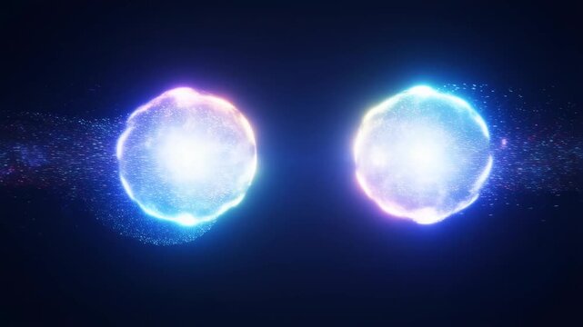 Glowing energy orbs collide and burst into radiant light explosion in dark space
