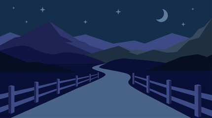 Fototapeta premium Minimalist Mountain Night Landscape Vector Illustration with Winding Road Moon and Stars Flat Design