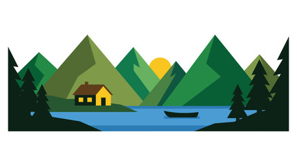 Obraz premium Mountain Landscape with Cabin and Lake Flat Design Vector Illustration at Sunrise