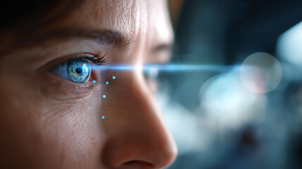 Biometric facial recognition scanning blue eye iris futuristic concept projector identifies individual illuminating face dots scanning laser closeup shot technological