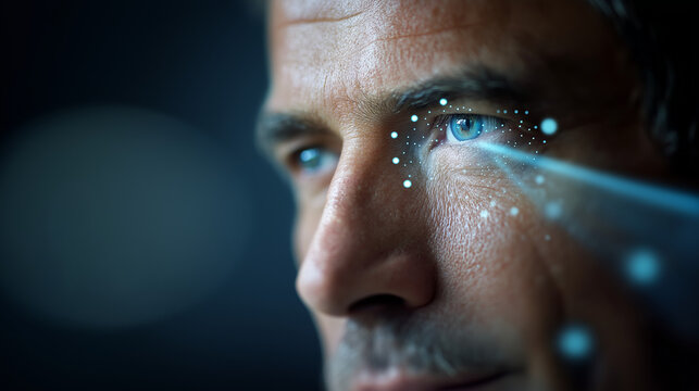 Biometric facial recognition scanning blue eye iris futuristic concept projector identifies individual illuminating face dots scanning laser closeup shot technological - Powered by Adobe