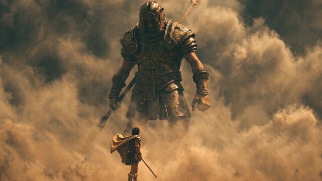 Epic Warrior Battle Inspired by David versus Goliath Concept