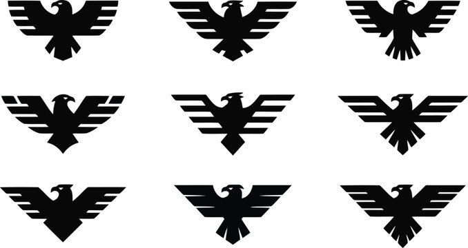 Nine distinct black geometric eagle and phoenix emblems showcased clearly on a crisp white backdrop