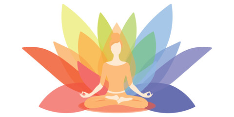 Meditating Woman in Lotus Pose with Colorful Chakra Petals, Yoga Mindfulness Vector Illustration, Spiritual Wellness and Inner Balance Background
