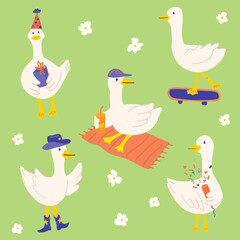 Cute Goose Characters Vector Set on Green Background, Funny Picnic and Party Geese Collection, Playful Animal Illustration for Kids and Greeting Design