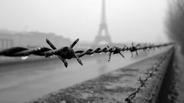 Sharp Barbed Wire Fence with Blurred Eiffel Tower in Background